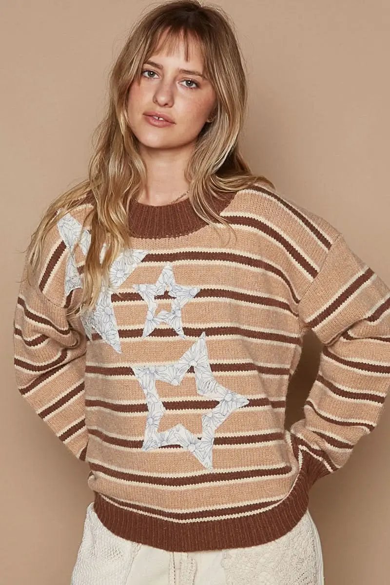 POL Star Patch Stripe Round Neck Sweater - Love Salve